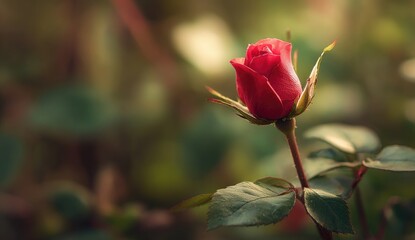 Close-up of a single, vibrant red rosebud with green leaves, bokeh background