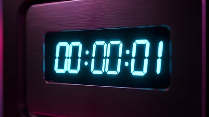 Close-up of a futuristic digital clock glowing with blue light showing the time 00:00:01, symbolizing the first second of a new day or new year, captured with dark background and modern lighting.