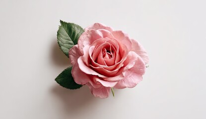 Close-up of a single pink rose with green leaves on a white background, top-down view