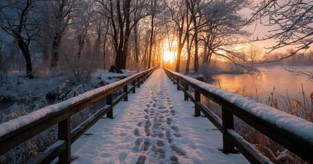 a wooden bridge over the lake, covered in snow and ice, 
