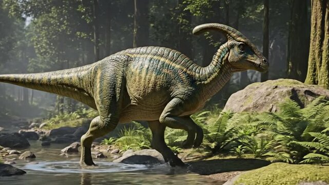 Parasaurolophus walking gracefully through primeval 3D environment.