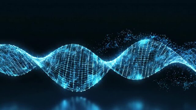 AI data flow wireframe wave with particle scatter on dark background. AI concept.