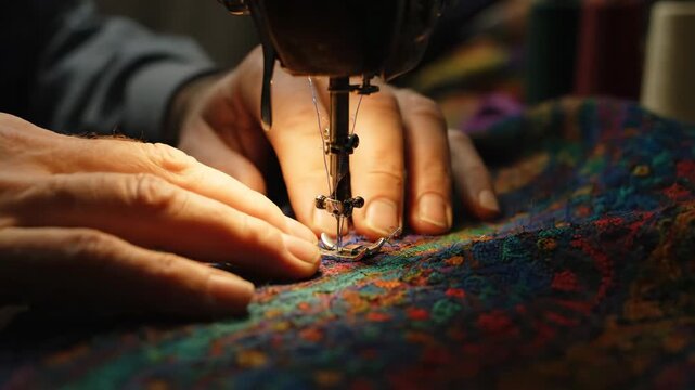Hands operating vintage sewing machine on vibrant patterned fabric