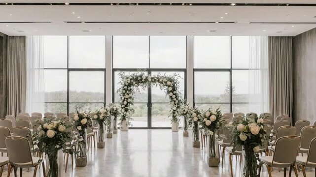 Elegant wedding ceremony setup with floral arch and aisle decor