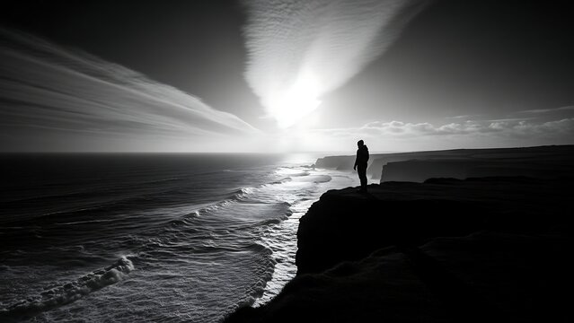 Man standing on cliff overlooking ocean.