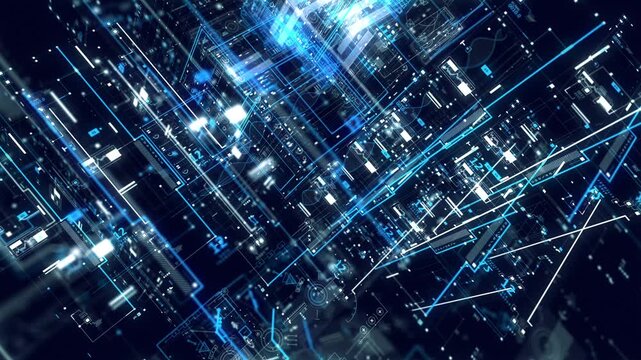 Futuristic digital network data flow abstract technology background with glowing blue lines and circuits representing global connectivity and information transfer in a modern cyberspace environment