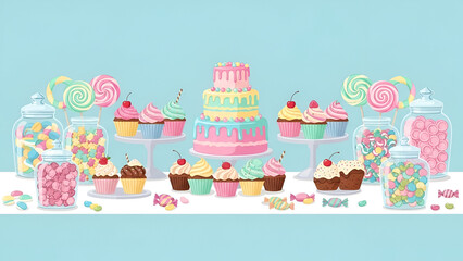 Colorful dessert table with cupcakes and treats