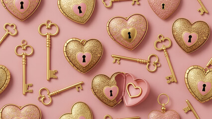 Golden hearts and keys pattern