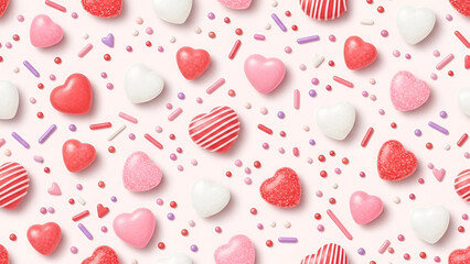 Colorful heart-shaped candies on white background