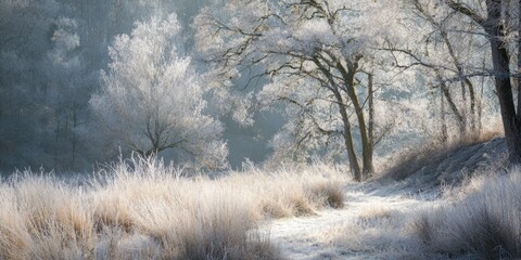 A serene winter scene with frosted trees, dry grass, and a path leading into the forest