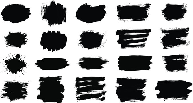 Abstract Black Ink Stroke Set. Hand-Drawn Grunge Paint Marks Vector