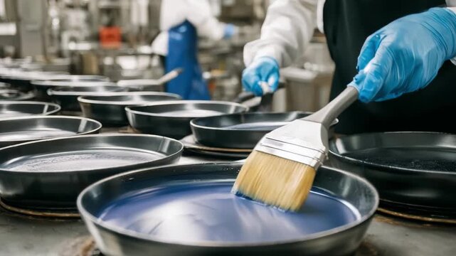 View of a siliconebased nonstick coating being brushed onto cookware showcasing flexible and heatresistant surface restoration in an industrial setting.