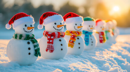 A row of beautiful, cute snowmen in a snowy meadow on a winter day