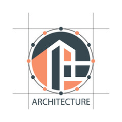 Architecture with geometric shapes and circle of dots on a white background