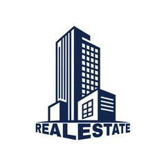 Blue and white real estate with a stylized skyscraper building