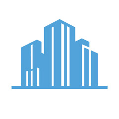 Blue geometric outline of a building with vertical windows and varying heights