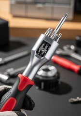 Naklejka premium Multi-Bit Screwdriver with Interchangeable Bits for Versatile Repair Work.
