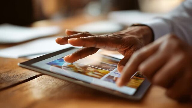 Medium shot of hands navigating a digital tablet displaying a seamless paperless transcript workflow with PDF document previews and intuitive interface