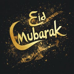 Eid Mubarak celebration with golden text on black background