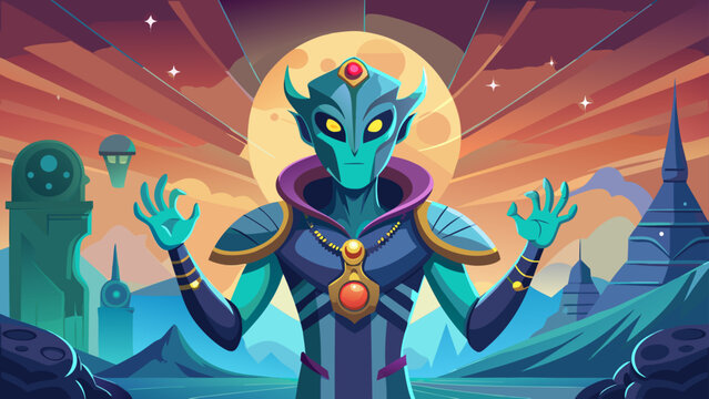A mysterious humanized alien standing confidently, wearing symbolic accessories, one hand raised thoughtfully, merging alien features with human body language in a creative vector composition.