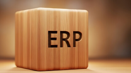 Close-up of a wooden cube with carved ERP text enterprise resource planning business