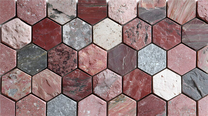 A captivating hexagonal tiles mosaic showcasing a diverse pattern of natural stone elements. This rich background features a stunning blend of red and gray hues, highlighting intricate texture.