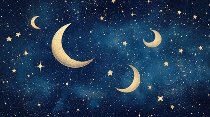 Golden crescent moons and stars shining in a magical night sky