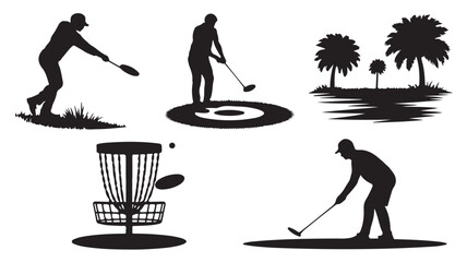 Black Silhouettes of Men Playing Disc Golf on Tropical Course
