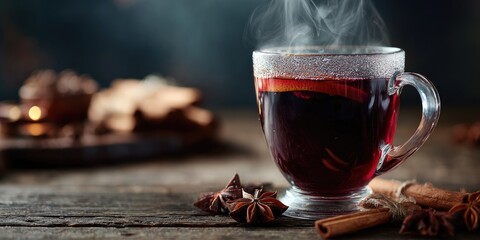 A clear glass mug holding steaming, red liquid sits with cinnamon sticks and star anise