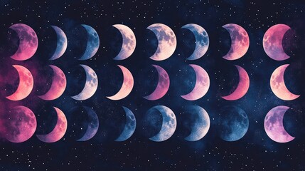 Phases of the moon in a starry night sky with pink and blue hues