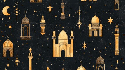 Golden Islamic architecture under starry night sky with crescent moons