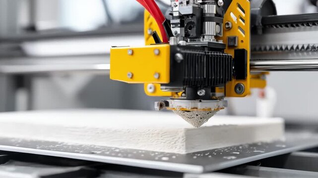 Close medium shot of a 3D printer extruding composite material for housing focusing on the texture and precision involved in creating ecofriendly modern homes.