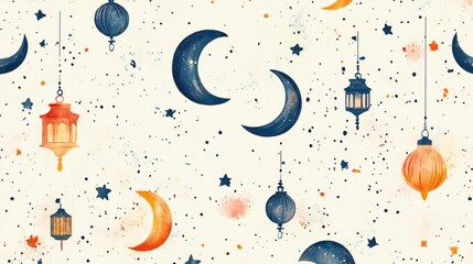 Whimsical night sky with crescent moons and colorful lanterns