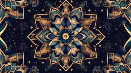 Vibrant blue and gold mandala design with intricate patterns