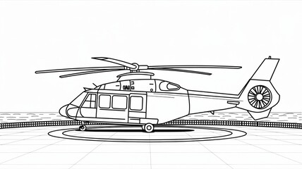 Black and White Line Art of an Offshore Transport Helicopter Side Profile Parked on a Helideck Platform
