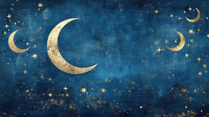 Gold crescent moons and stars on dark blue night sky background