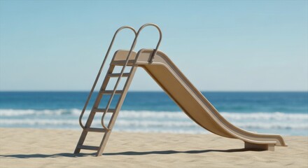 A beige slide and ladder stand on a sandy beach, ocean in the blur