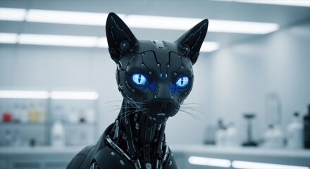A futuristic robotic cat with glowing blue eyes, in a sterile lab