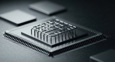 Close-up of a microchip with a metal grid structure and gray blocks