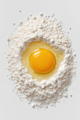 Top view of flour with egg yolk isolated on a plain white background, 