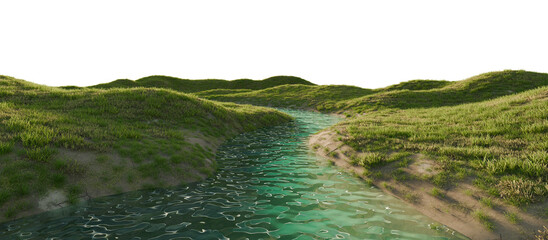 Clear River Flowing Through Green Grassy Hills. 3D rendering.