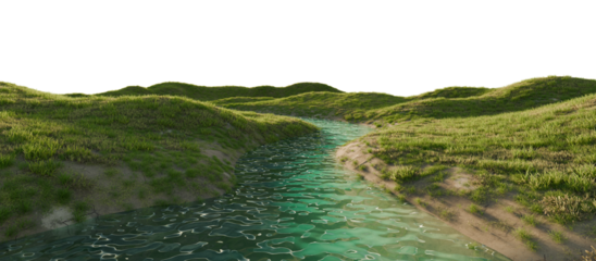 Clear River Flowing Through Green Grassy Hills. 3D rendering.