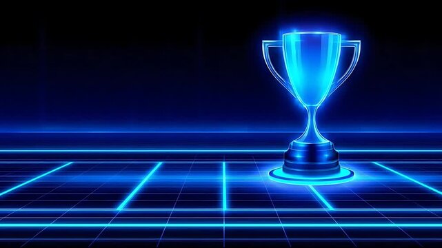 A glowing trophy on a grid floor with blue neon lights from a front viewpoint