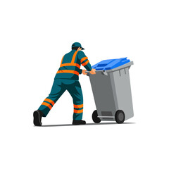 Fototapeta premium Waste Collector Pushing Trash Bin on Wheels.