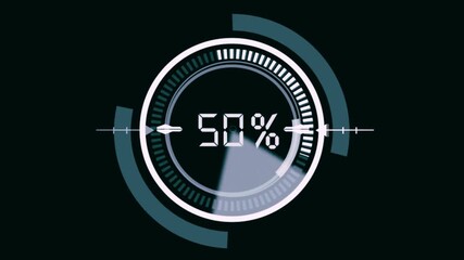 Circular user interface displaying percentage numbers counting from 0 to 100 on a black background. Futuristic digital HUD design featuring target searching and scanning elements with a sci-fi technol - Powered by Adobe