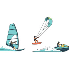 Windsurfer Kitesurfer and Jet Ski Rider Illustration.