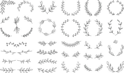 Black and white floral and leaf wreath botanical