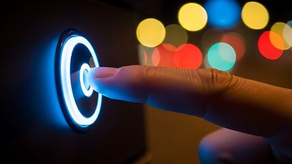 human finger touching glowing circular interface with colorful bokeh lights at night