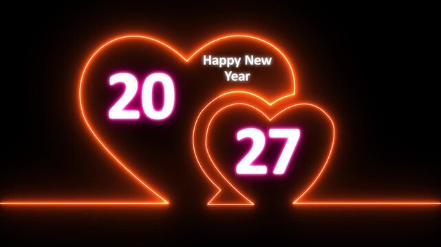 Neon glowing Two love hearts. Valentine's Day indicate. Love One line drawing concept. Bright glowing neon valentines love heart symbol animation with happy new year 2027 celebration concept
