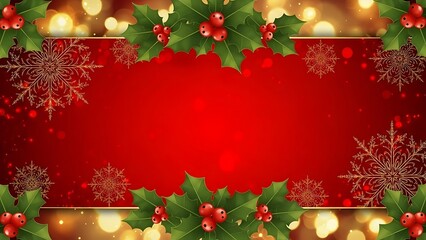 Christmas frame with fir tree branches, red balls, gold ribbons, and winter snowflake decorations